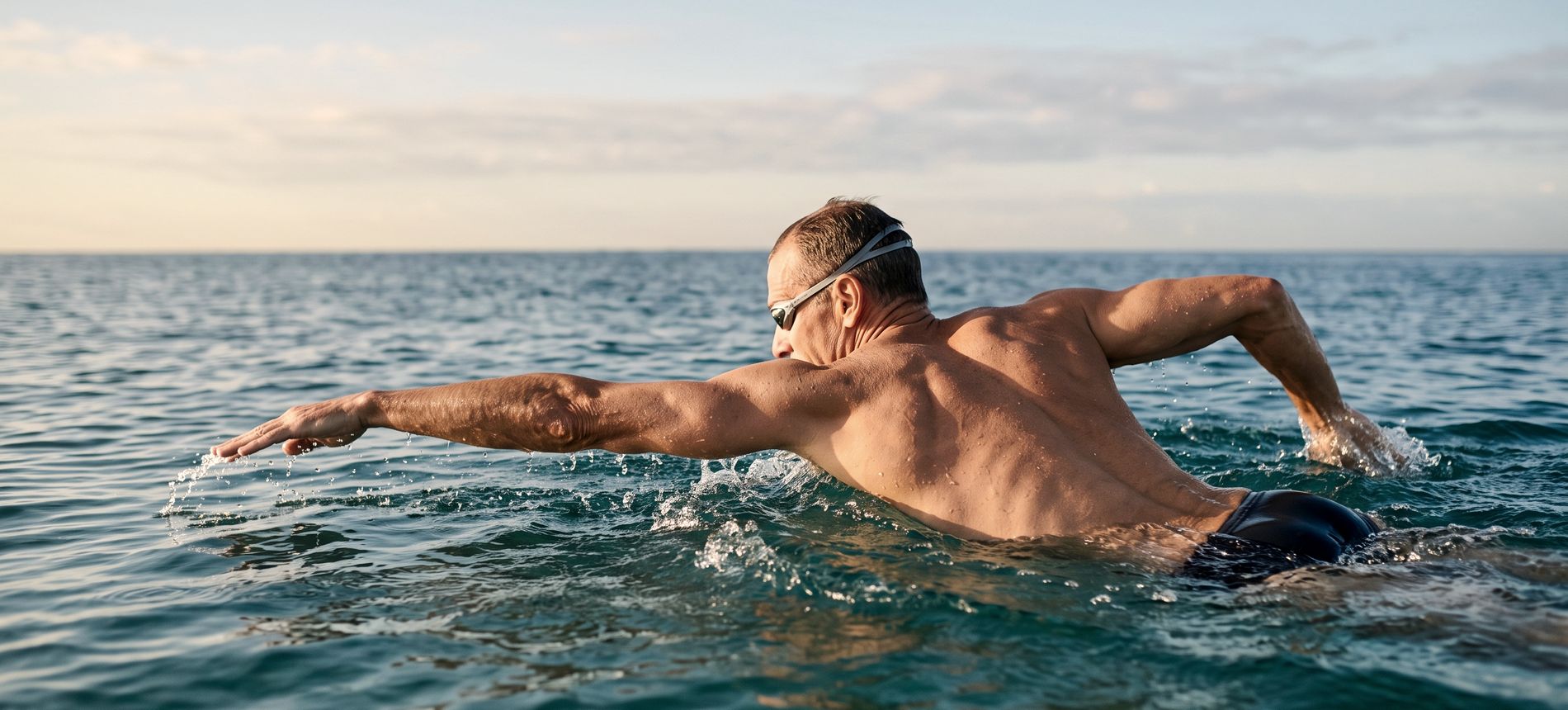 A man in his fifties swimming strongly through open water at dawn