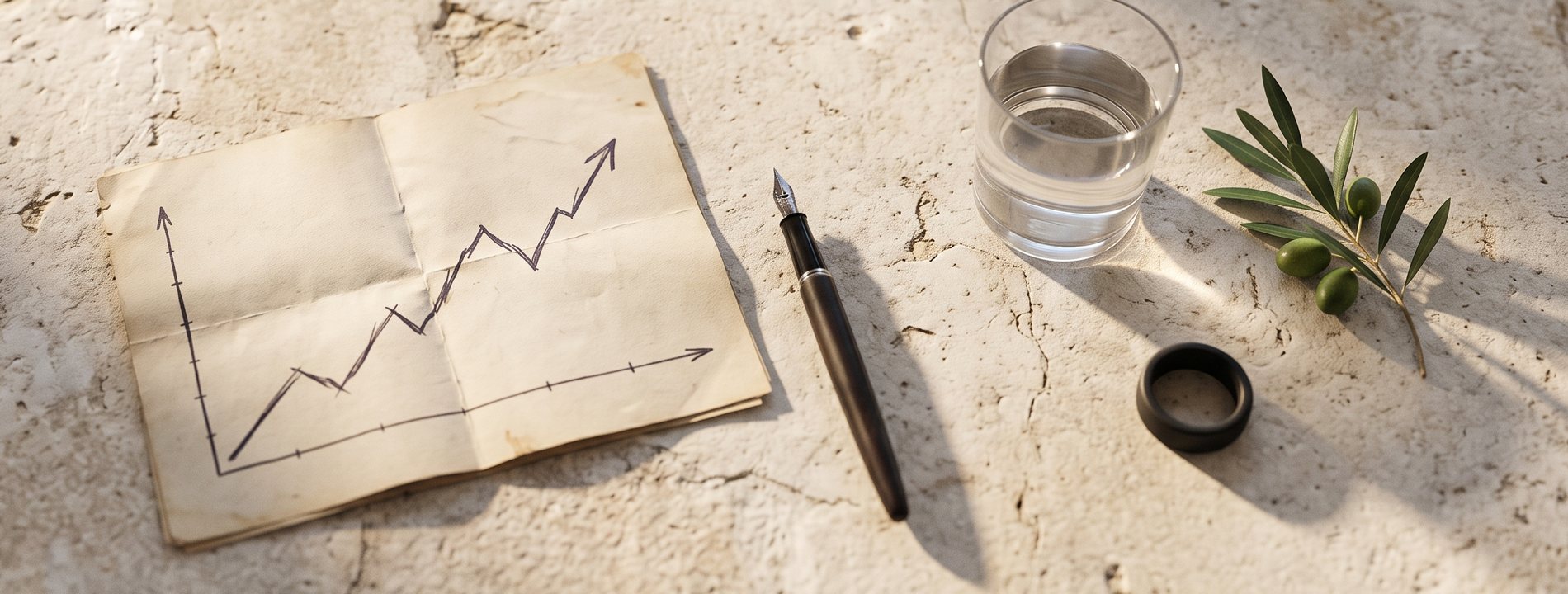 A rising line drawn on paper beside a pen, a glass of water, an olive branch and a fitness ring on a limestone table